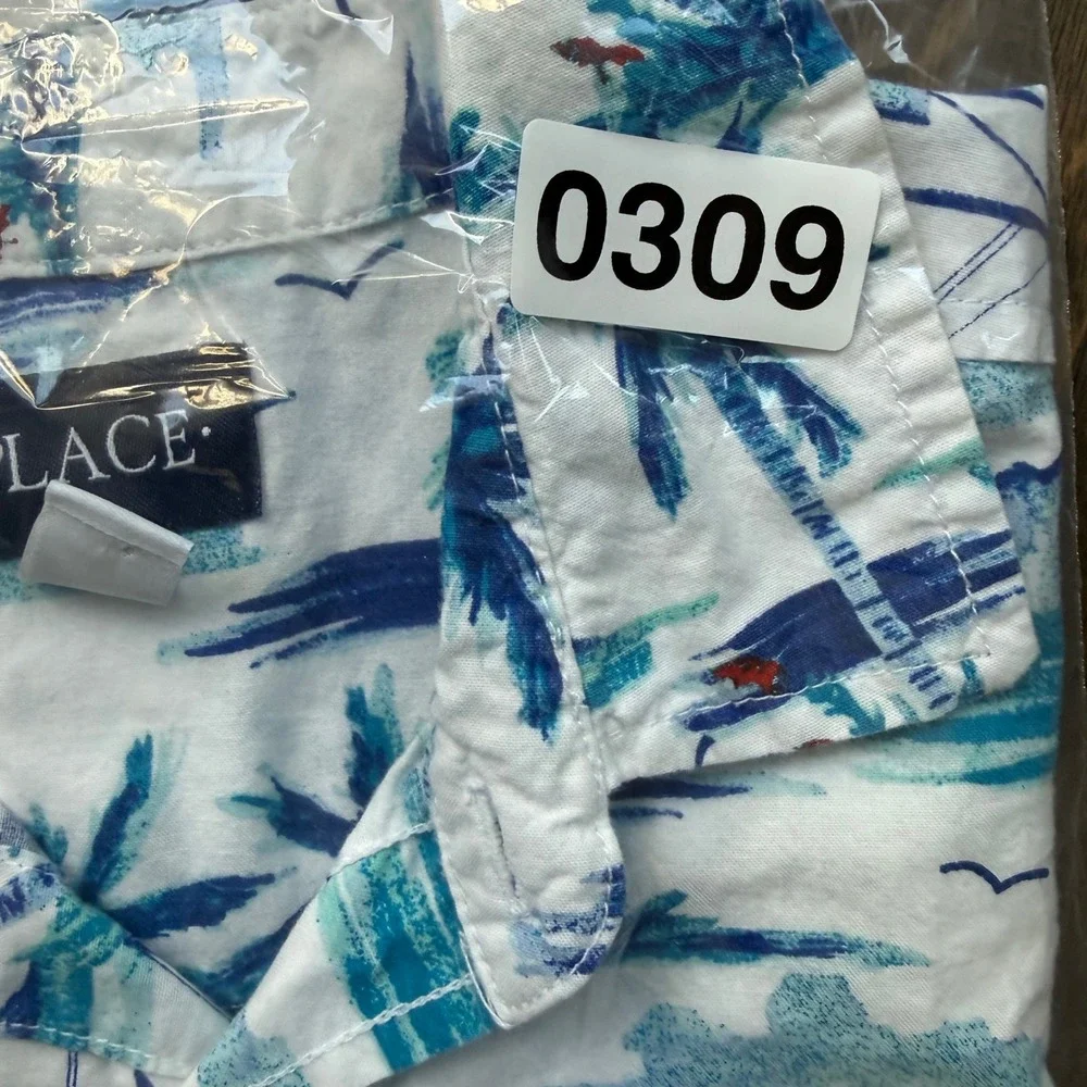 The Children's Place Tropical Button Down Kids 10/12 White‎ Blue Excellent Palm